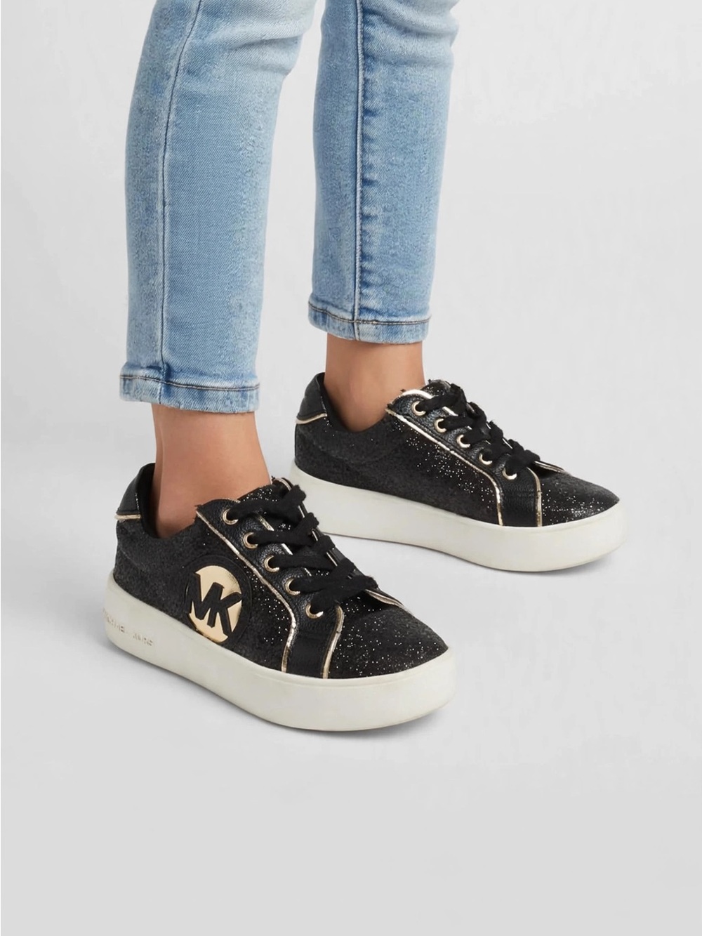 Michael Kors Black Glitter Lace-Up Sneakers with Gold Trim
